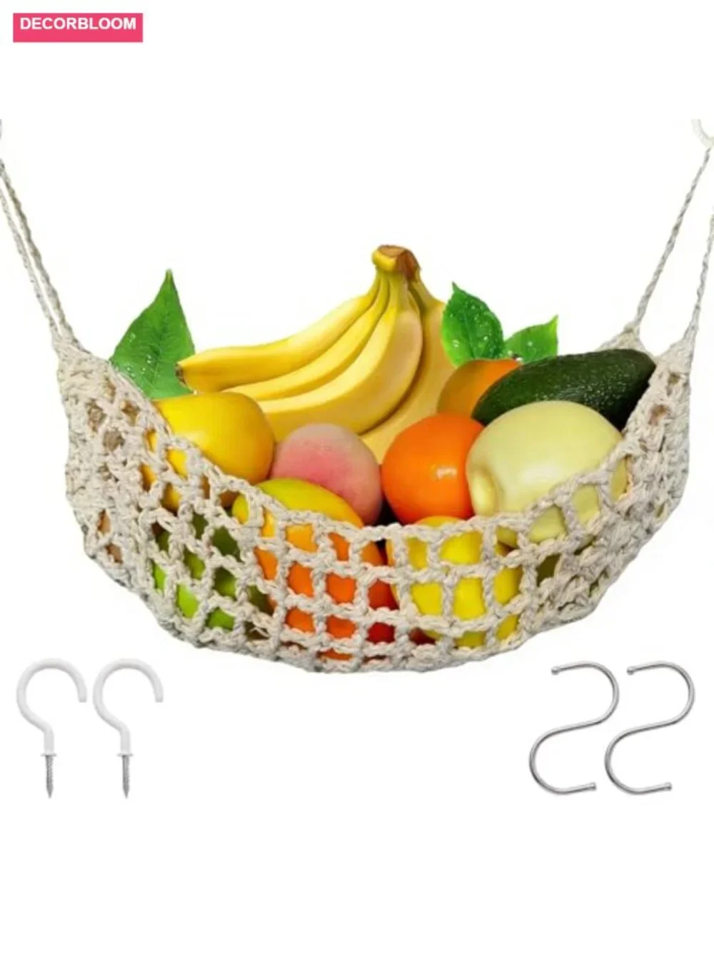Hanging Fruit Hammock Under Cabinet 13x16in Macrame Storage Basket with Hooks